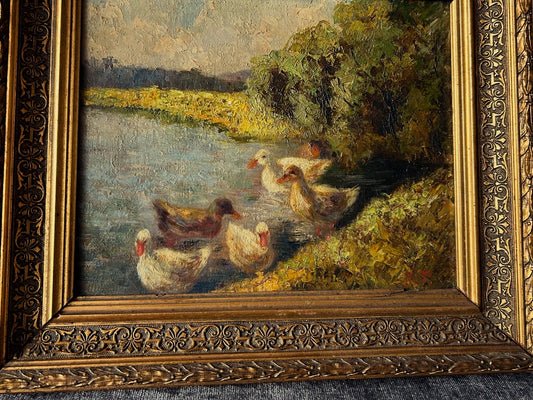 Impressionist Oil Painting – Ducks & Geese by the Riverbank, Ornate Gilt Frame