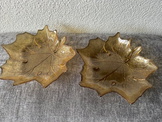 2 mid-century glass maple leaf-shaped decorative dishes