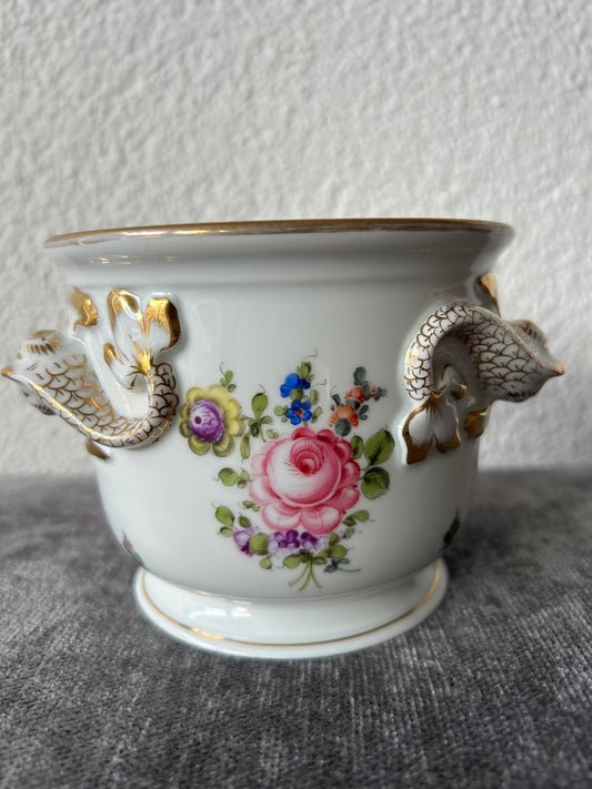 Porcelain cachepot with dolphin head handles and floral decoration by Herend