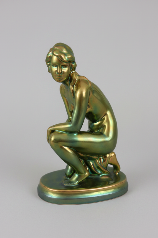 Zsolnay eosin seated female nude — front view, neutral grey background