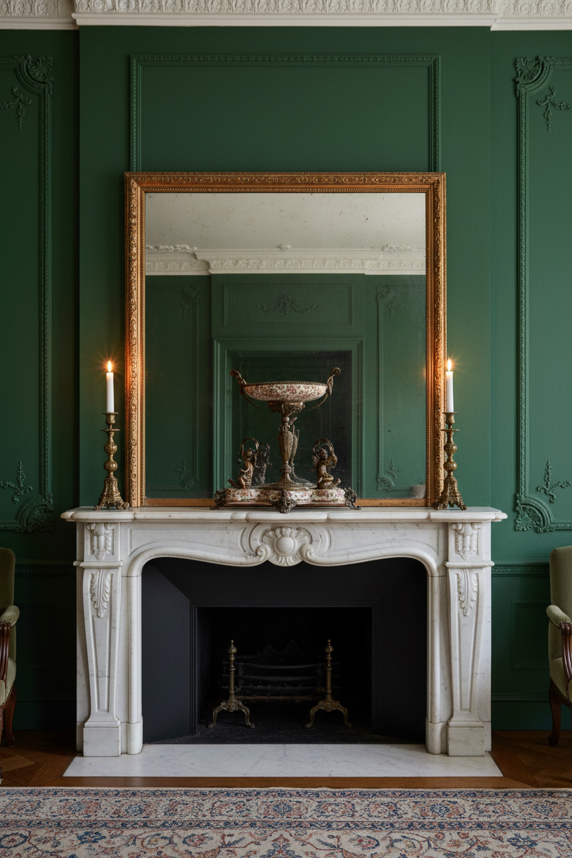 Wong Lee bronze porcelain centrepiece on marble mantelpiece in elegant drawing room