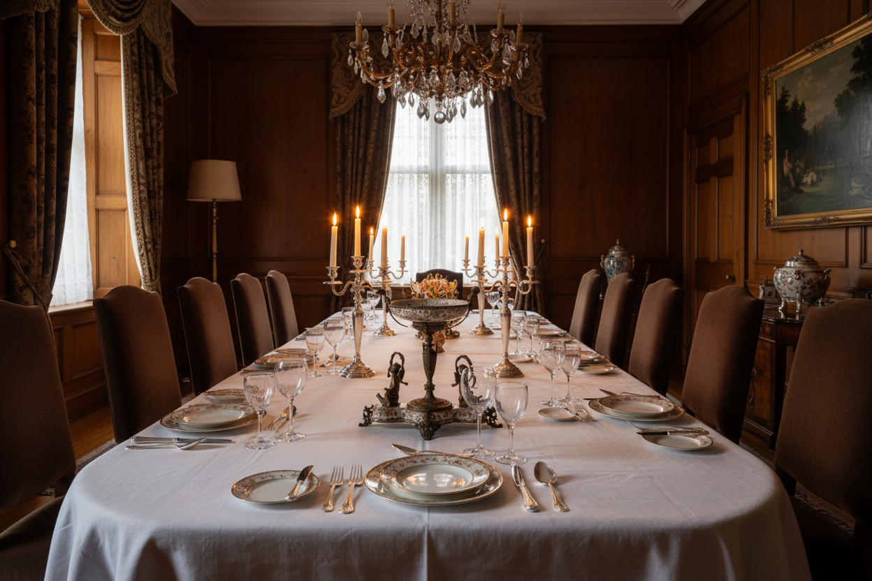 Wong Lee bronze porcelain centrepiece as dining table centrepiece in Victorian dining room