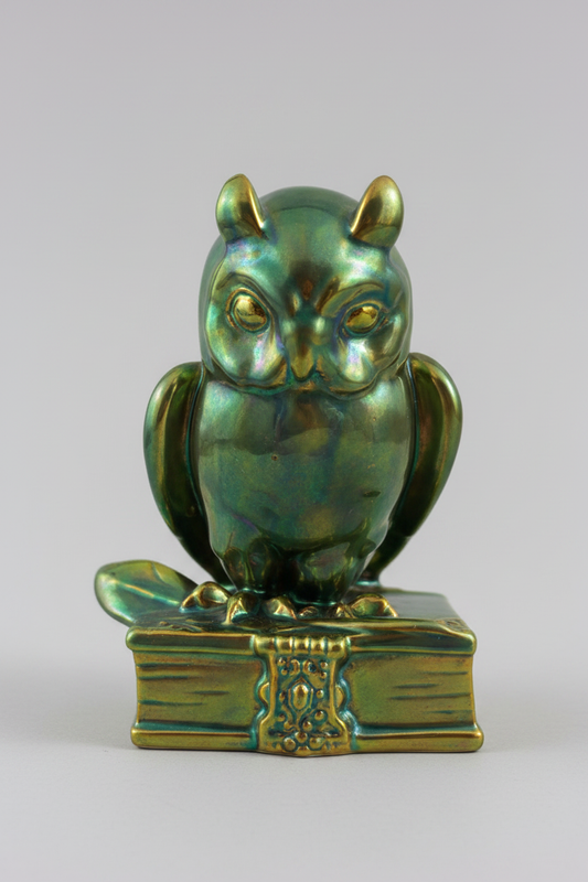 Zsolnay eosin owl — front view, neutral grey background