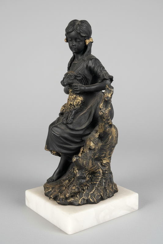 Shepherdess with lamb figurine — front neutral grey background