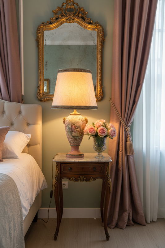 Home staging: vintage blush pink Rococo porcelain lamp on antique side table in French bedroom with roses